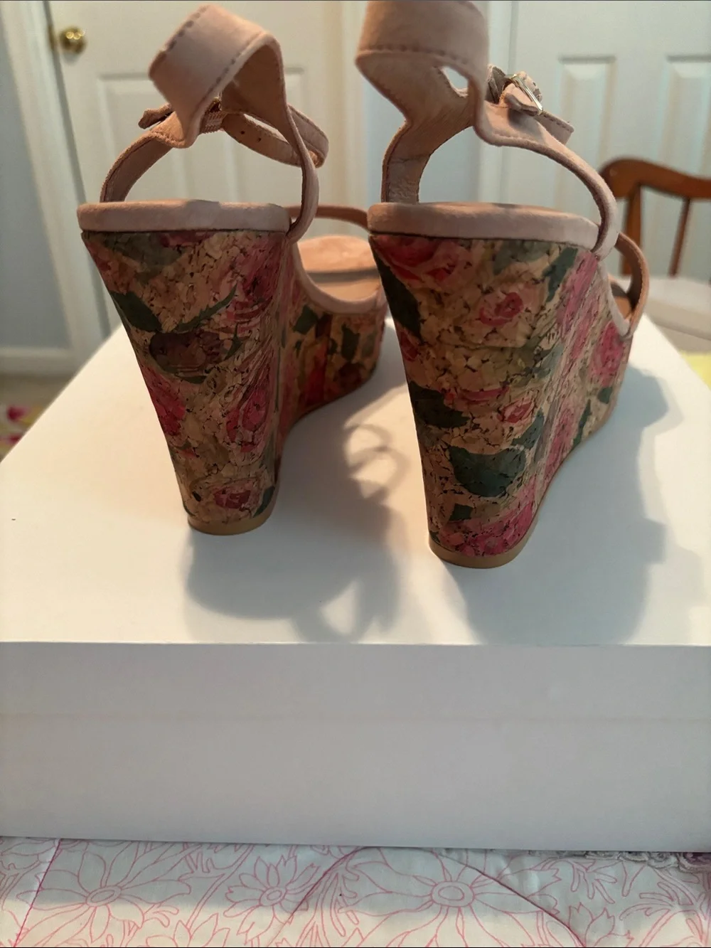 Anthropologie Blush Suede Wedge Sandals with Floral Cork Platform